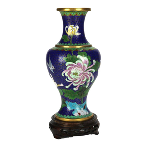 Antique Chinese Cloisonne Enameled Floral Vase With Peony & Wood Base C1930