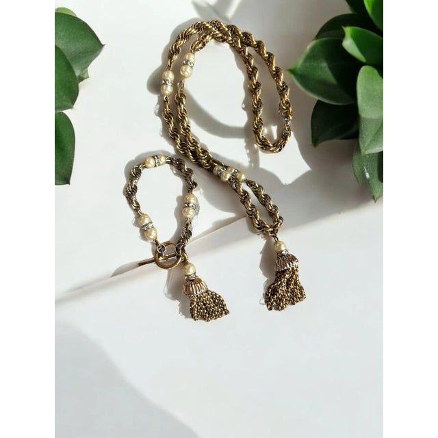 Metal Mid 20th Century Trifari Chainlink Tassel Faux Pearl Rhinestone Necklace and Bracelet Set - 2 Pieces For Sale - Image 7 of 12