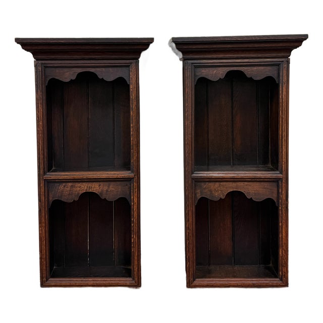 Antique English Pair Bookcases Plate Racks Wall Shelves Hanging Wall Oak 1920-30 For Sale