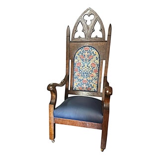 19th Century English Oak Bishop’s Throne Reupholstered With Leather and William Morris ‘Rose’ Linen For Sale