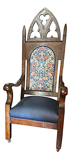 19th Century English Oak Bishop’s Throne Reupholstered With Leather and William Morris ‘Rose’ Linen