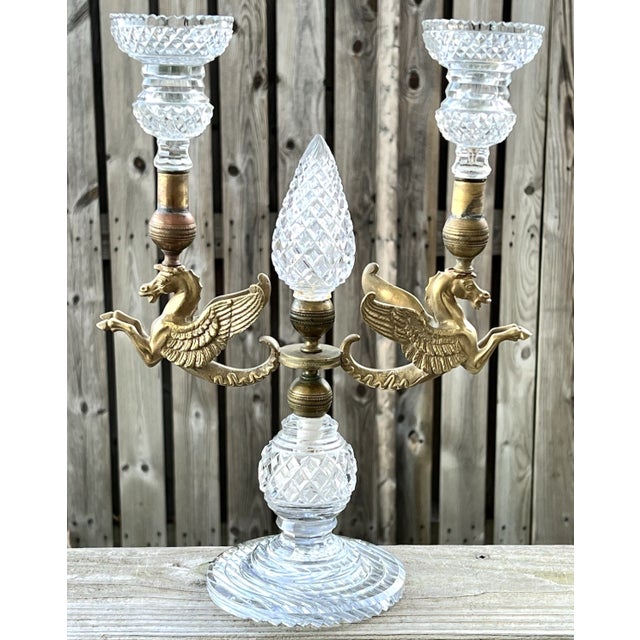 Glass C1810-20 Antique British Georgian Regency Bronze/ Cut Glass Pegasus Winged Horse Candelabra For Sale - Image 7 of 13