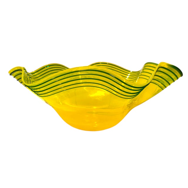 Blenko Blenko Centerpiece Bowl Large 16" Art Glass Yellow Green Threaded Large Signed Walter Blenko For Sale - Image 4 of 11