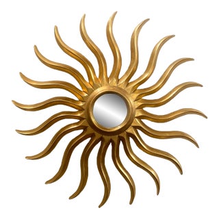 Art Nouveau Sunburst Mirror, Hand-Carved Giltwood, Gold Leaf, Spain, 120 Cm For Sale