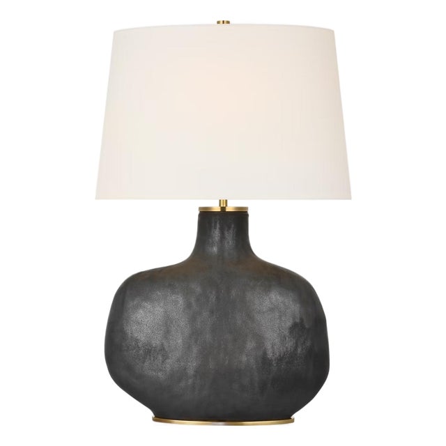 Kelly Wearstler by Visual Comfort Signature Beton Medium Table Lamp in Stained Black Metallic with Linen Shade For Sale