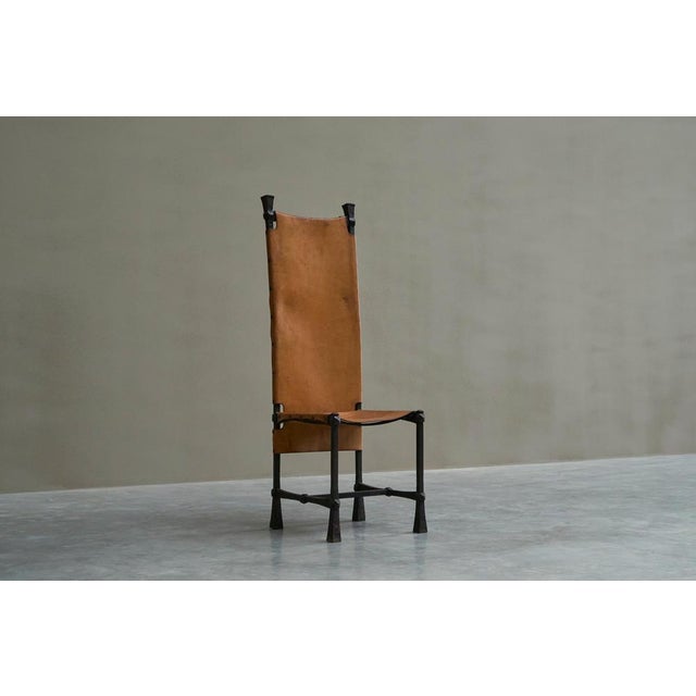 Vintage Brutalist High Back Chair in Wrought Iron and Patinated Cognac Leather, 1950s For Sale - Image 6 of 18