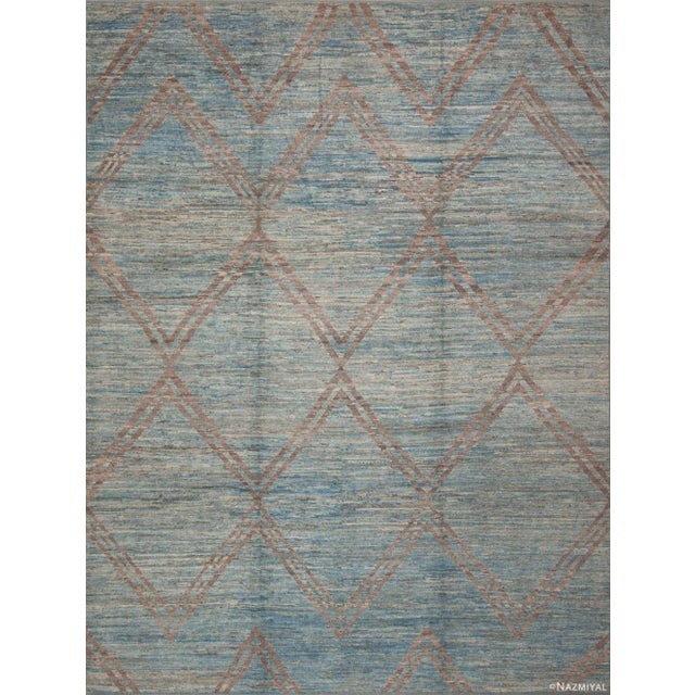 Light Blue Abrash And Brown Geometric Diamond Pattern Modern Rug For Sale