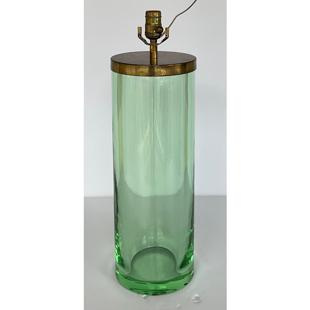 Modern Vintage Peter Rocchia for the Wicker Works Modern Thick Green Glass Cylinder Table Lamps Pair For Sale - Image 3 of 7