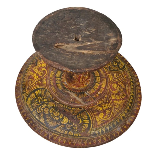 Vintage Wood Carved Pedestal Cake Plate measures 15.25 inch diameter. The faded polychrome decoration adds a lovely luster.