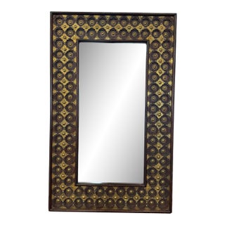 Large 47 Inch Antique Indian Wall Mirror | Handcrafted Solid Wood & Hammered Brass Entryway Decor | Ornate Rectangle Bathroom Vanity Mirror For Sale
