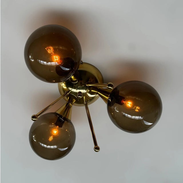 Glass Trifoglio Polished Brass Smoky Globe Flush Mount by Fabio LTD For Sale - Image 7 of 9