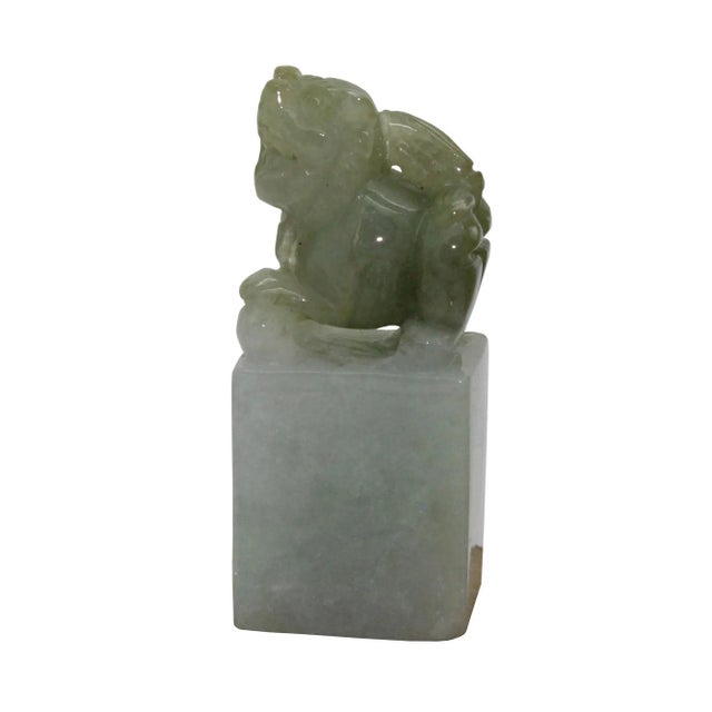 1980s Natural Jade Detail Carved Chinese Table Top Foo Dog Statue For Sale - Image 5 of 6