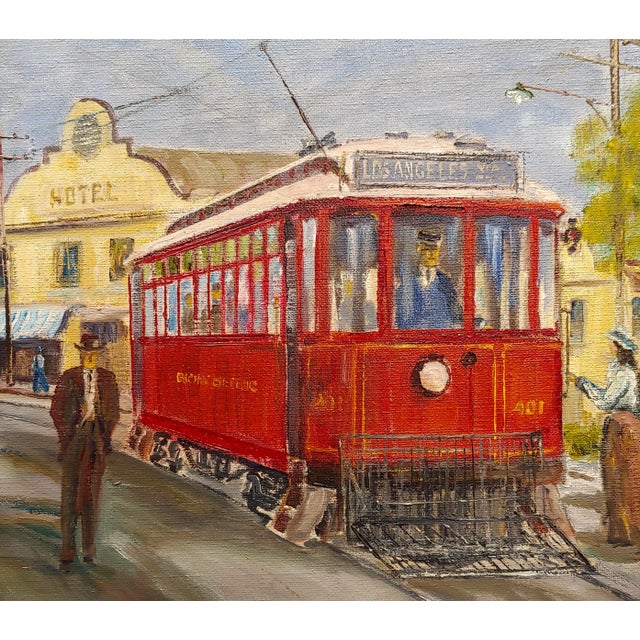 1950s Wilfrid T. Mills-Los Angels Trolley Car at Sierra Madre Station -Oil Painting For Sale - Image 5 of 11