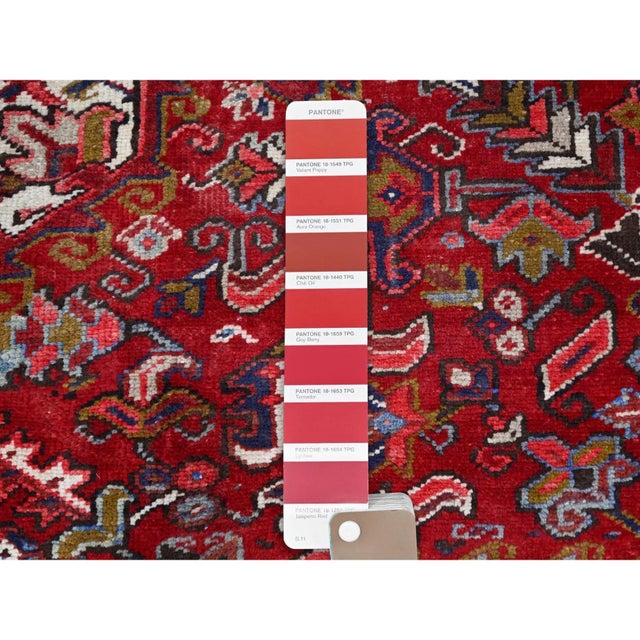 1960 9'1"x12'4" Red Even Wear Vintage Persian Heriz Sheared Low Wool Hand Knotted Rug For Sale - Image 11 of 12