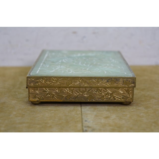 White Mid Century Chinese Brass & Jade Divided Keepsake Trinket Cigarette Box 6" For Sale - Image 8 of 15