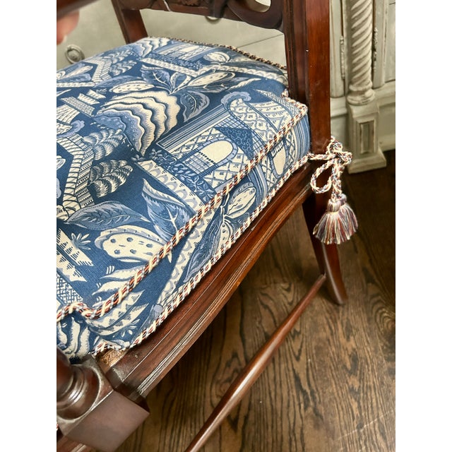 Wood Pair of Regency Style Mahogany Armchairs With Blue and White Chinoiserie Cushions For Sale - Image 7 of 11