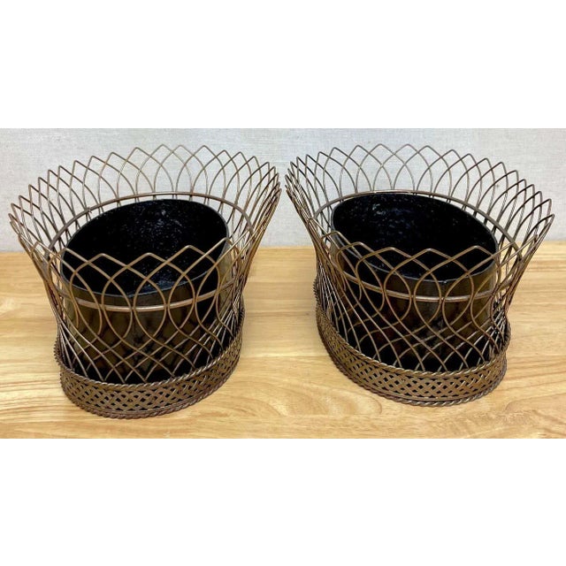 Early 20th Century Antique French Gilt T?¥le & Iron Tole Metal Filigree Oval Planters - A Pair For Sale - Image 9 of 13