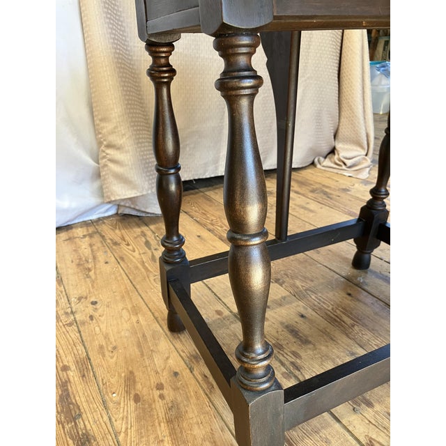 Brown Dark Brown Drop Leaf Accent Table With Turned Legs and Drawer For Sale - Image 8 of 9
