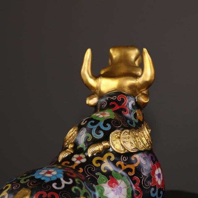 Metal Late 19th Century Cloisonné Enamel Ox Statue, Gilt Bronze Figure, 2.83kg For Sale - Image 7 of 9