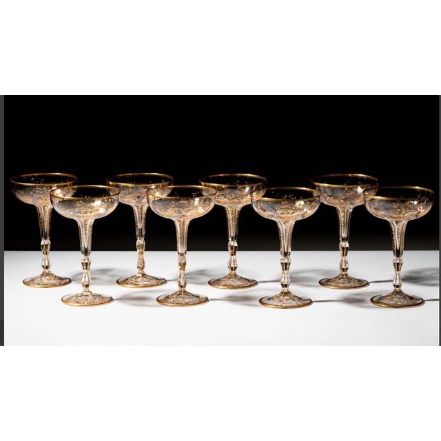 Lobmeyr Set of 6 Antique Lobmeyr Enameled Hand Painted & Gilded Glass Champagne Coupes For Sale - Image 4 of 5