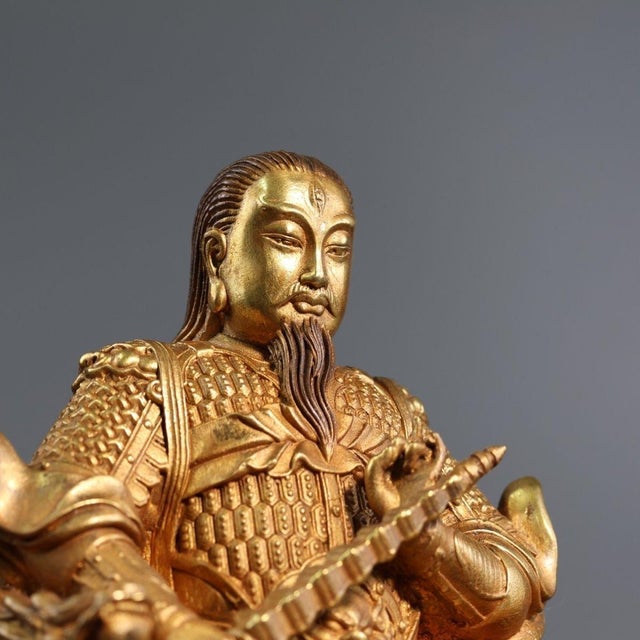 Bronze Late 19th Century Gilt Bronze Zhenwu Emperor Statue, Taoist Deity, 1.69kg For Sale - Image 8 of 9