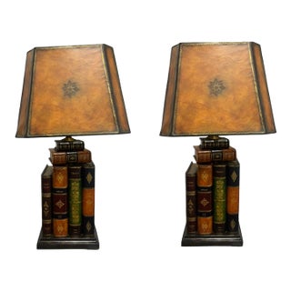 Vintage Rare Maitland Smith Leather Book Lamps - a Pair For Sale