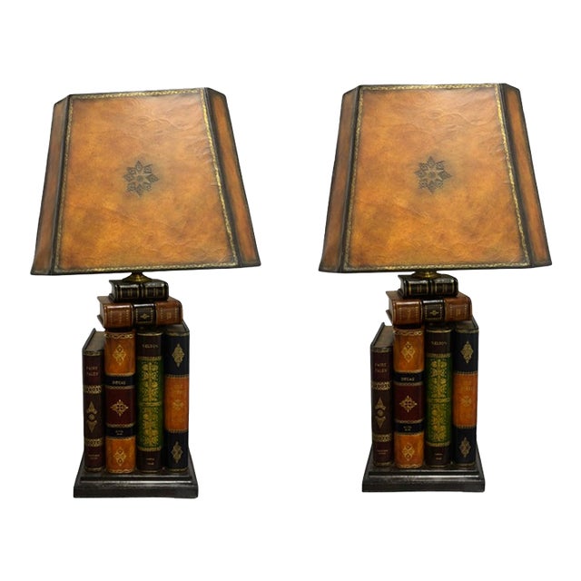 Vintage Rare Maitland Smith Leather Book Lamps - a Pair For Sale