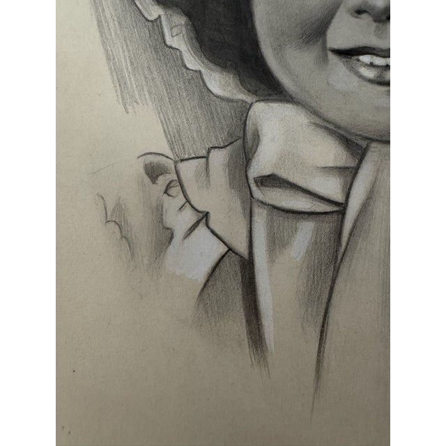American 1940s Original Signed Graphite Illustration of Smiling Young Girl in Bonnet, 11 × 9 In. For Sale - Image 3 of 6