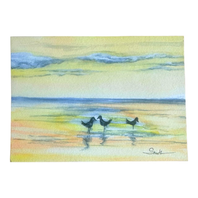 “Shoreline Gathering” Minimalist Coastal Birds Watercolor For Sale