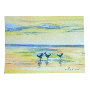 “Shoreline Gathering” Minimalist Coastal Birds Watercolor