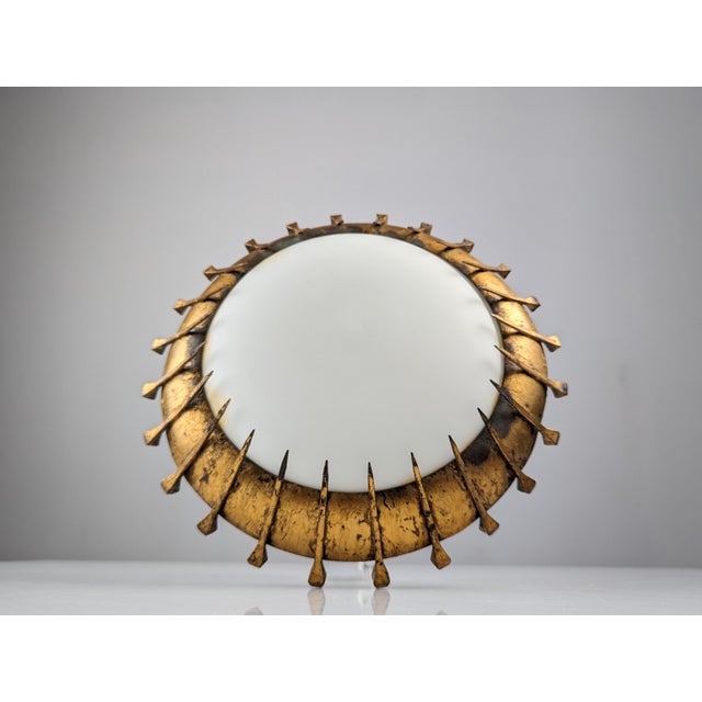 Brutalist Forged Nails Sun Lamp in Gold Leaf and Milk Glass, France, 1950s For Sale - Image 3 of 9