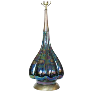 Modernist Iridized Art Glass Lamp With Brass Base
