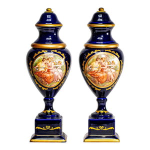 Ornate Decorative Pair Antique Italian Blue and Gold Hand Painted Urns Classical Scenes Mythology Home Decor