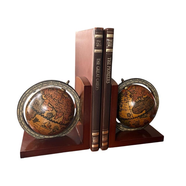 Traditional Vintage Italian Mid-Century Globe Book Ends Traditional Victorian Edwardian Old World Walnut For Sale - Image 3 of 11