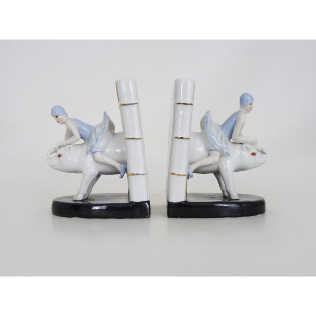 1930s Italian Art Deco Bookends Woman on Ceramic Pig, 1930s For Sale - Image 5 of 11