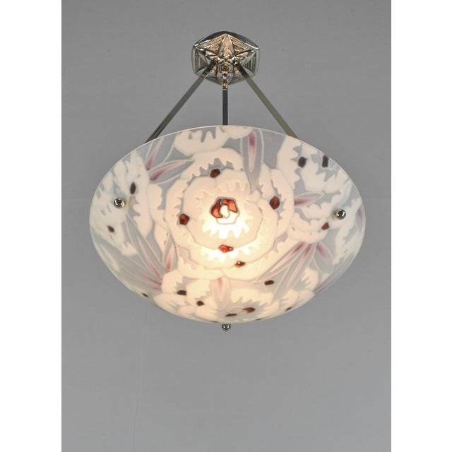 French Art Deco Pendant Light by Maxonade 1930s - Floral Enameled Bowl Nickeled Bronze For Sale - Image 6 of 14