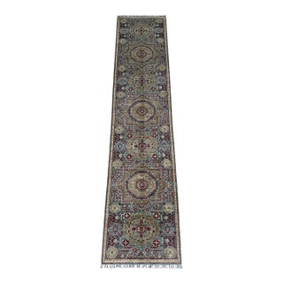Mamluk Runner Rug, Hand-Knotted Wool, Medallion, 3x12, Teal & Gold For Sale