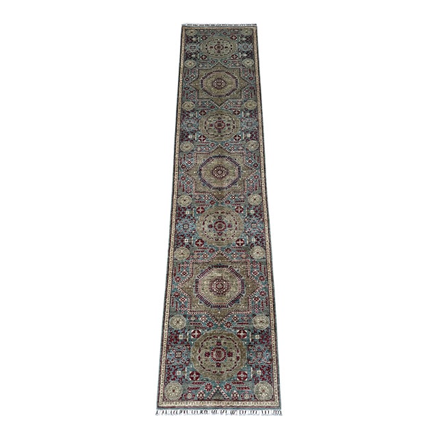 Mamluk Runner Rug, Hand-Knotted Wool, Medallion, 3x12, Teal & Gold For Sale