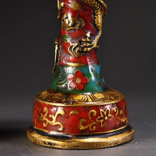 Pair Vintage Gilt Brass Cloisonné Dragon Phoenix Candlesticks, Lotus Top Candle Holders For Sale - Image 10 of 10