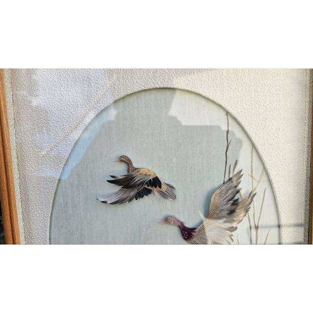 Picture in a frame, ducks in flight, diorama from the 1970s, dimensions: height 46.5 cm, width 31.6 cm, depth 2.8 cm.