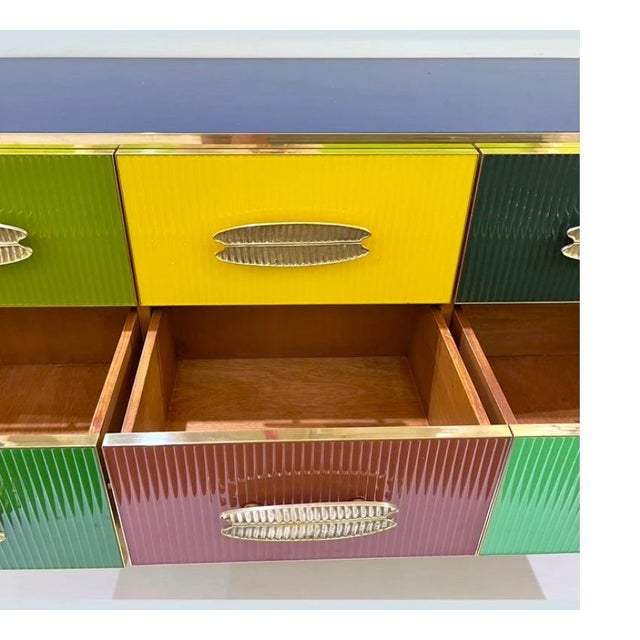 Green Mid-Century Modern Italian Multi-Color Six-Drawer Chest / Cabinet on Brass Legs For Sale - Image 8 of 10