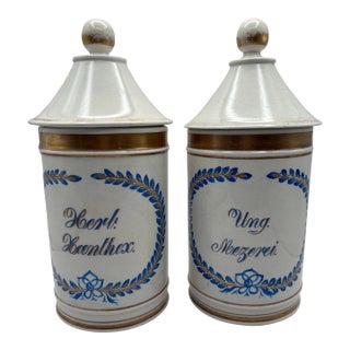 Late 19th Century Ceramic Lidded Apothecary Jars With Blue, White and Gold Details- Set of 2 For Sale