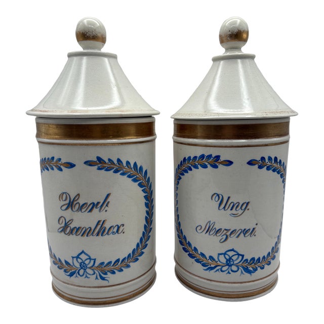 Late 19th Century Ceramic Lidded Apothecary Jars With Blue, White and Gold Details- Set of 2 For Sale