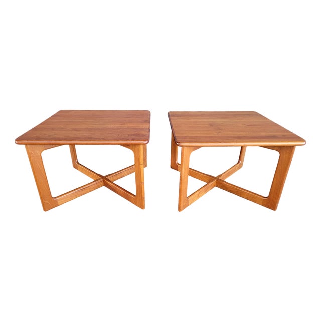 Solid Teak Danish Modern Square End or Side Tables With X Base - A Pair For Sale
