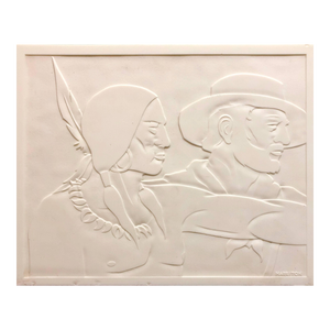 Abraham Harriton, Rare Milk Glass Carved Sculpture Panel Cowboy Indian WPA Artist Americana, c.1940