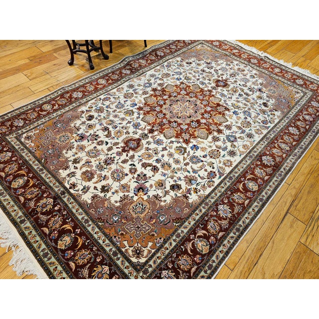 Fine Tabriz Shirfar Rug, Hand-Knotted Wool & Silk, Floral Pattern, Ivory & Chocolate, 7x10 For Sale - Image 10 of 18