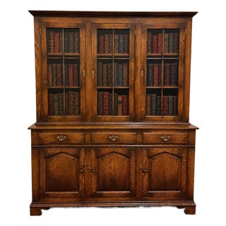 Antique English Large Bookcase Cupboard Cabinet Triple Door Glass Oak C. 1930s For Sale
