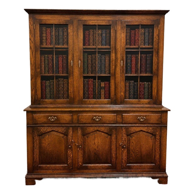 Antique English Large Bookcase Cupboard Cabinet Triple Door Glass Oak C. 1930s For Sale