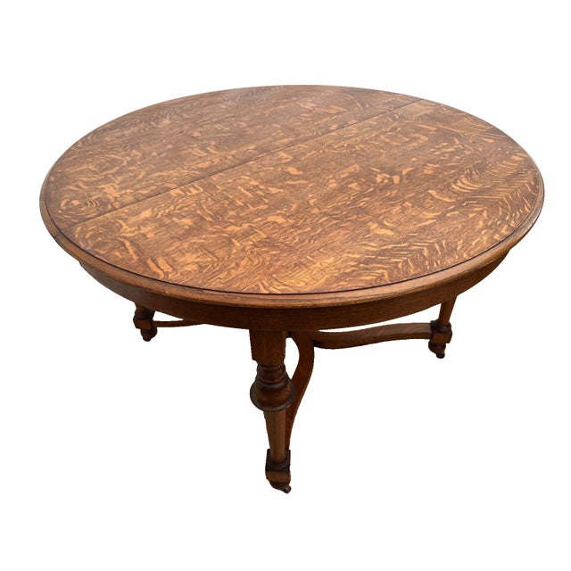Brown Early 20th Century Old English Revival Round Expansion Dining Table, Baluster Legs Quarter Sawn Oak For Sale - Image 8 of 15