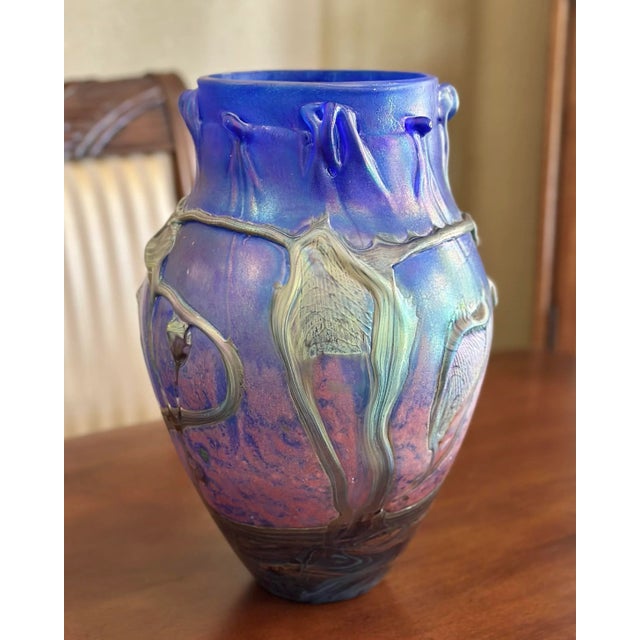 14" Signed Vase Jean-Claude Novaro 1986 Iridescent Cobalt Blue Vase For Sale - Image 4 of 12